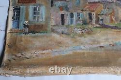 Tableau ancien, huile sur toile, village provençale et campanile