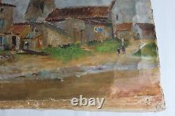 Tableau ancien, huile sur toile, village provençale et campanile