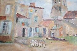 Tableau ancien, huile sur toile, village provençale et campanile