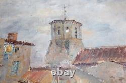 Tableau ancien, huile sur toile, village provençale et campanile