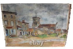 Tableau ancien, huile sur toile, village provençale et campanile