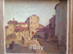 Tableau ancien impressionniste Village rue animée Huile sur panneau signée c1934