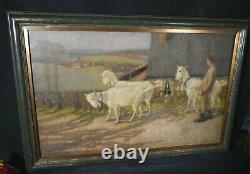 Tableau ancien jeune berger et ses chèvres pointillisme signé Gardener XIXème