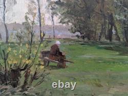 Tableau ancien paysage animé signé Henri Collinet daté 1883 Huile sur toile