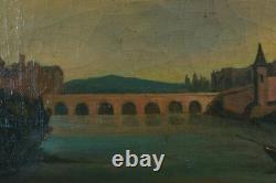 Tableau ancien paysage animé vue D'Albi promeneur sur les bords du Tarn 19 ème
