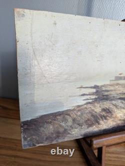 Tableau ancien paysage côtier, huile sur panneau bois signée Louis Chaussel à c