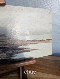 Tableau ancien paysage côtier, huile sur panneau bois signée Louis Chaussel à c