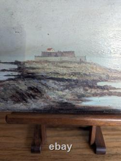 Tableau ancien paysage côtier, huile sur panneau bois signée Louis Chaussel à c