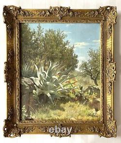 Tableau ancien paysage fleur arbre XIX orientaliste peinture huile toile signé