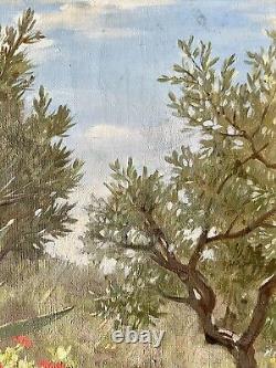 Tableau ancien paysage fleur arbre XIX orientaliste peinture huile toile signé