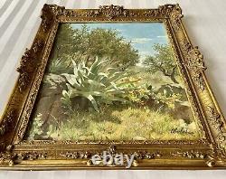 Tableau ancien paysage fleur arbre XIX orientaliste peinture huile toile signé