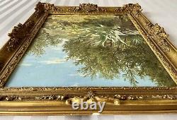 Tableau ancien paysage fleur arbre XIX orientaliste peinture huile toile signé