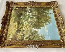 Tableau ancien paysage fleur arbre XIX orientaliste peinture huile toile signé