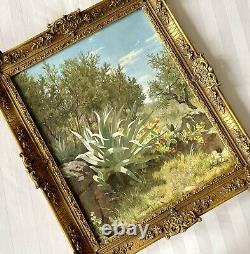 Tableau ancien paysage fleur arbre XIX orientaliste peinture huile toile signé