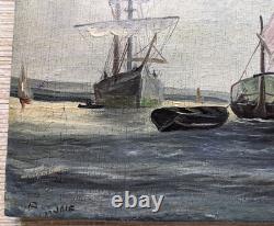 Tableau ancien paysage marin huile sur toile / France, début XXeme