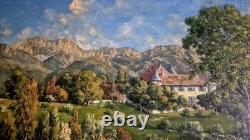 Tableau ancien paysage montagne Vercors Triève mens château montmeilleur ch. Brun