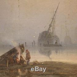 Tableau ancien peinture huile sur toile avec cadre paysage marine style ancien