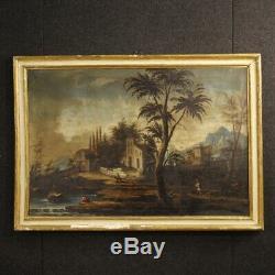 Tableau ancien peinture huile sur toile cadre paysage personnages italien 700