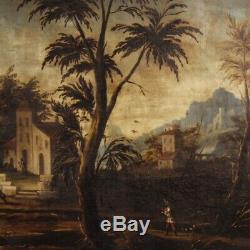 Tableau ancien peinture huile sur toile cadre paysage personnages italien 700