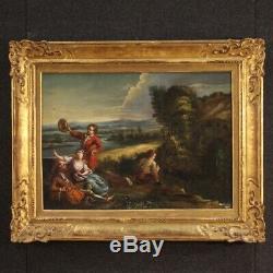 Tableau ancien peinture huile sur toile paysage romantique personnages cadre