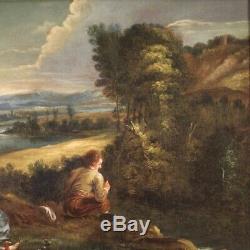 Tableau ancien peinture huile sur toile paysage romantique personnages cadre