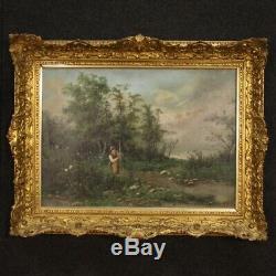 Tableau ancien peinture huile sur toile paysage signé avec cadre doré 800