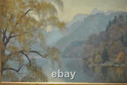 Tableau ancien peinture paysage campagne montagne bord lac rivière