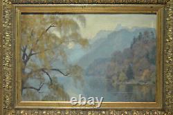 Tableau ancien peinture paysage campagne montagne bord lac rivière