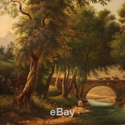 Tableau ancien peinture paysage romantique huile sur toile avec cadre art 800