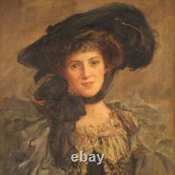 Tableau ancien peinture signé portrait huile sur toile femme belle époque
