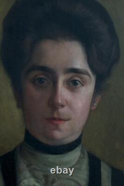 Tableau ancien portrait Art Nouveau Jeune femme Robe J. P Carré Bordeaux hst 1900