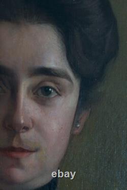 Tableau ancien portrait Art Nouveau Jeune femme Robe J. P Carré Bordeaux hst 1900