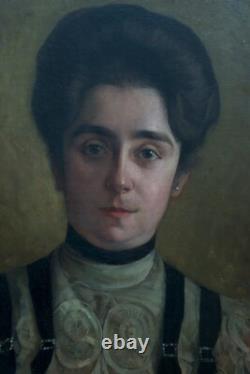 Tableau ancien portrait Art Nouveau Jeune femme Robe J. P Carré Bordeaux hst 1900