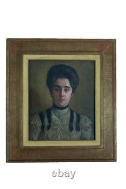 Tableau ancien portrait Art Nouveau Jeune femme Robe J. P Carré Bordeaux hst 1900