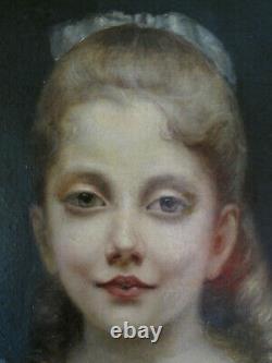 Tableau ancien portrait Enfant Fillette Robe bleue Huile sur Toile XIXe Signé