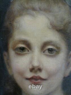 Tableau ancien portrait Enfant Fillette Robe bleue Huile sur Toile XIXe Signé