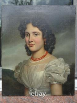 Tableau ancien portrait de femme vers 1820 huile sur toile peinture XIXe