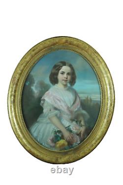Tableau ancien portrait de petite fille bouquet de fleurs Ovale paysage Durand