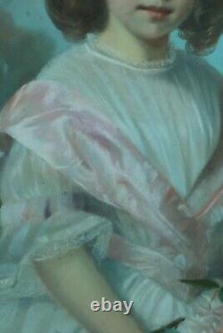 Tableau ancien portrait de petite fille bouquet de fleurs Ovale paysage Durand