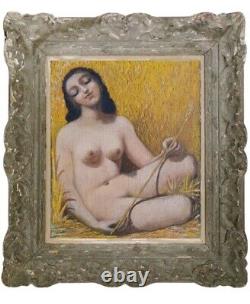 Tableau ancien scène de genre fauve portrait femme nue assise épine blé champs
