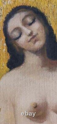 Tableau ancien scène de genre fauve portrait femme nue assise épine blé champs