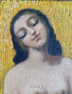 Tableau ancien scène de genre fauve portrait femme nue assise épine blé champs