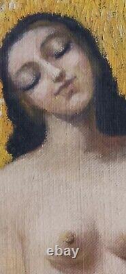 Tableau ancien scène de genre fauve portrait femme nue assise épine blé champs