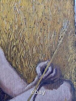 Tableau ancien scène de genre fauve portrait femme nue assise épine blé champs