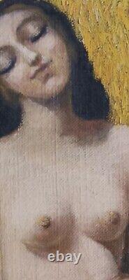 Tableau ancien scène de genre fauve portrait femme nue assise épine blé champs