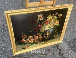 Tableau ancien signé BRUN Bouquet de Fleurs Pêches Peinture huile sur panneau