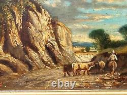 Tableau ancien signé. Berger Vaches. Peinture huile sur panneau de bois XlX°