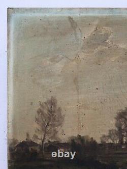 Tableau ancien signé, Berges de rivière, Huile sur toile à restaurer, Début XXe