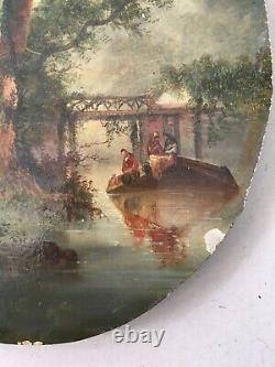 Tableau ancien signé C. Riviere 1860, Paysage de rivière animé, Peinture, XIXe