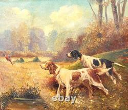 Tableau ancien signé. Chien à L' Arrêt. Peinture huile sur toile